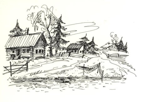 Деревня рисунок карандашом