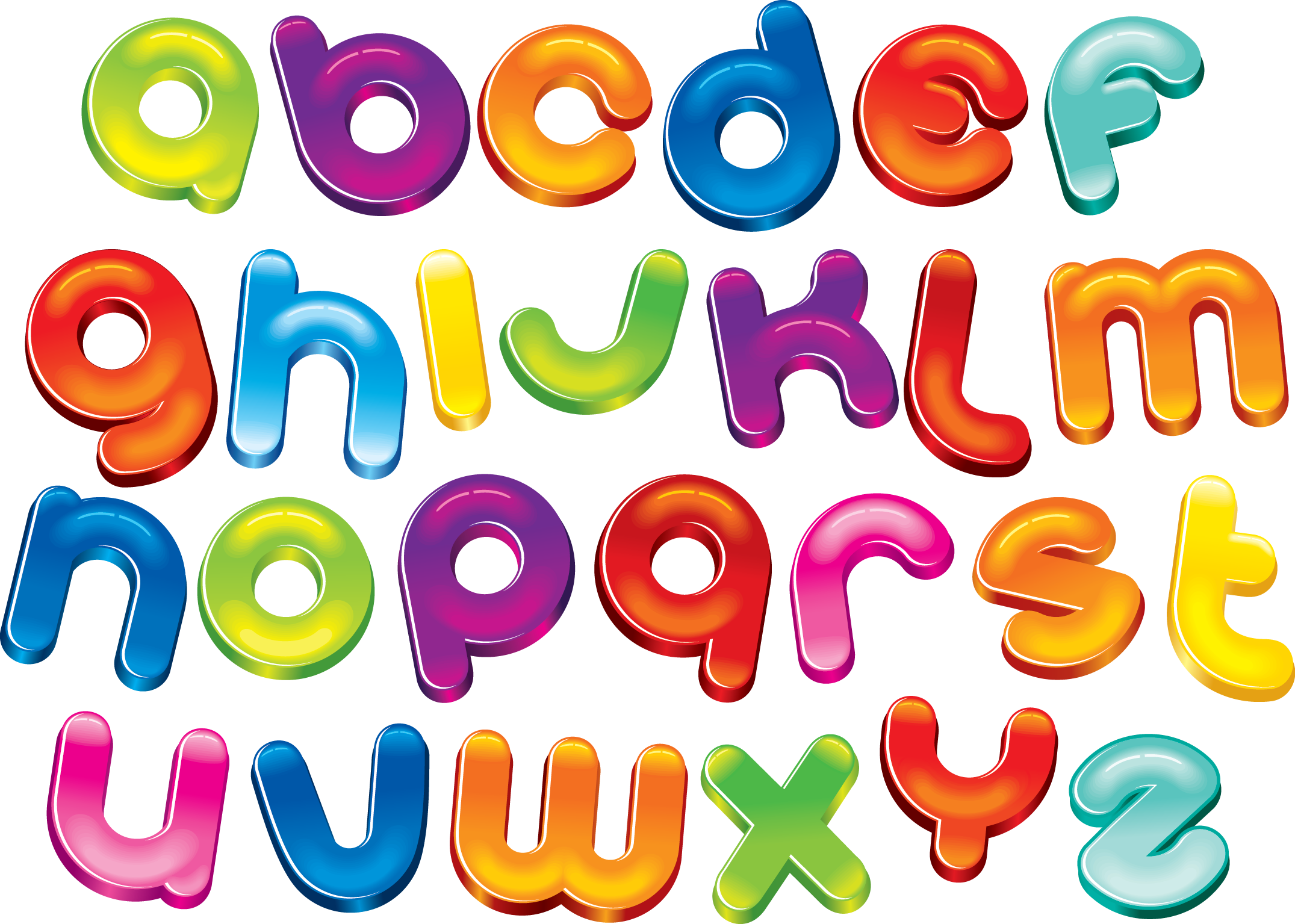 Форма букв округлые. Красивые разноцветные буквы. Объемные цветные буквы. Шрифт. Векторный шрифт.