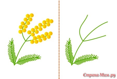 Веточка мимозы ватными палочками