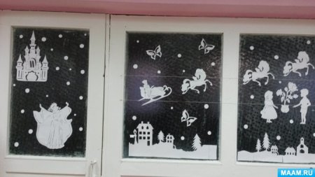 Украшение окон на новый год в школе Снежная Королева