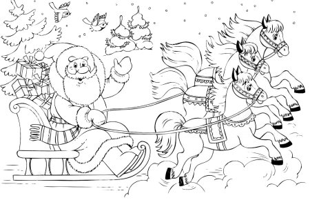 Дед Мороз на тройке лошадей раскраска