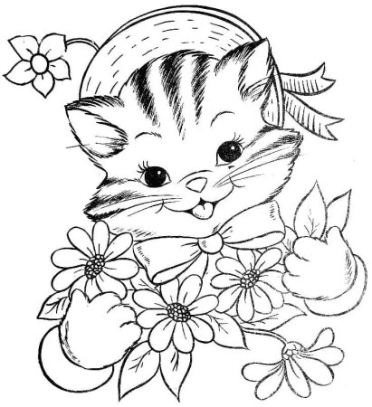 Раскраска котик с цветами