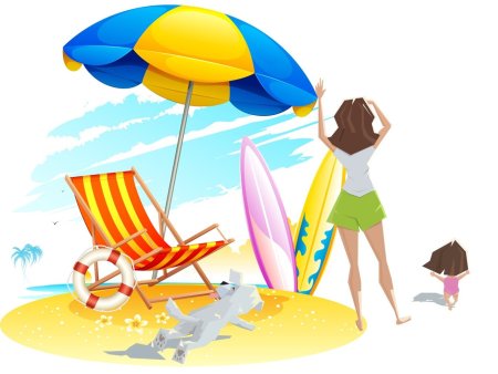 Пляжный зонтик и шезлонг