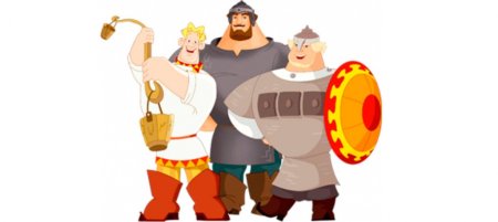 Три богатыря Илья Муромец на белом фоне