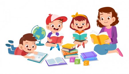 Дети с книжками на прозрачном фоне