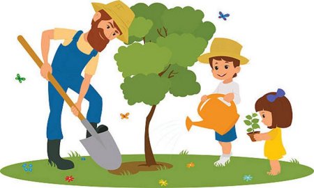 Дети сажают деревья с родителями