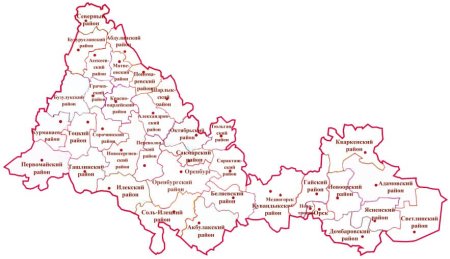 Карта Оренбургской области с районами