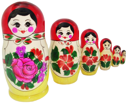 Матрешки в ряд на прозрачном фоне