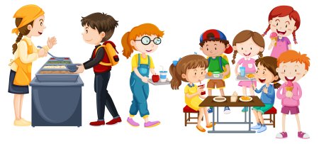 Мультяшные дети в школе в столовой