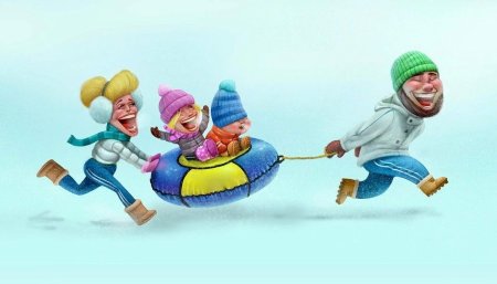 Дети катаются со снежной горки