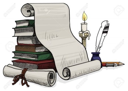Рисунок пера и чернильницы и книги