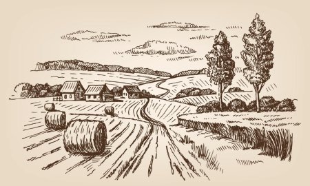 Пейзаж сельской местности в графике