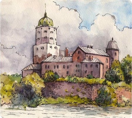 Часовая башня Выборг акварель