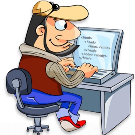Мультяшного человека работающего за компьютером