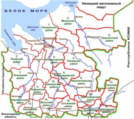 Карта Архангельской области с районами