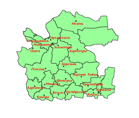 Карта Архангельской области с городами