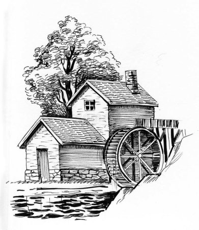 Старая водяная мельница гравюра