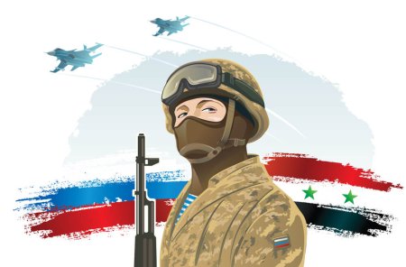 Русский солдат на фоне флага