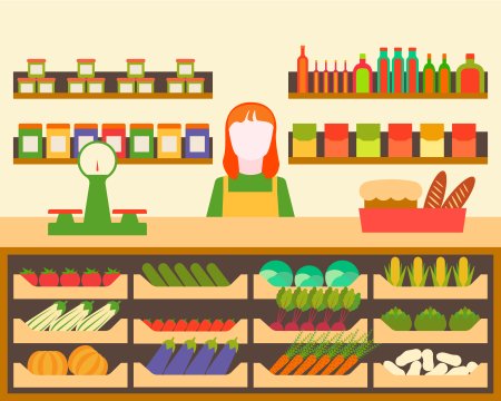 Прилавки в магазине для детей с продуктами