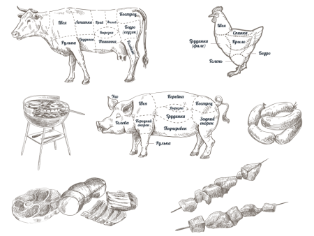 Схема разделки мяса черно белая
