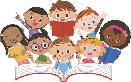 Дети с книгами на прозрачном фоне