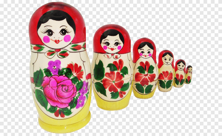 Матрешки в ряд на прозрачном фоне