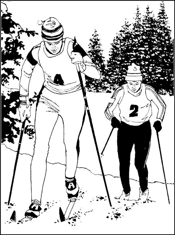 К берегу реки лыжники направились. Лыжные гонки раскраска для детей. Лыжный спорт раскраска. Лыжник раскраска для детей. Человек на лыжах рисунок.